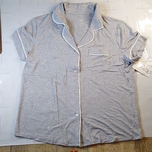 #592 Women's small extra soft gray button down sleep shirt with white trim